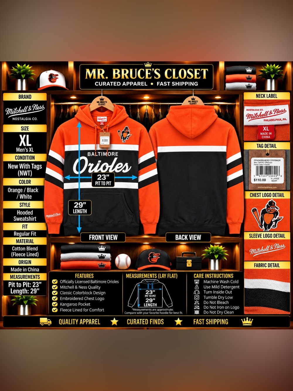 Mitchell & Ness Baltimore Orioles Head Coach Hoodie Men’s XL NWT MLB Orange